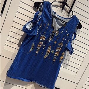 Blue Feather Print Women's Top
